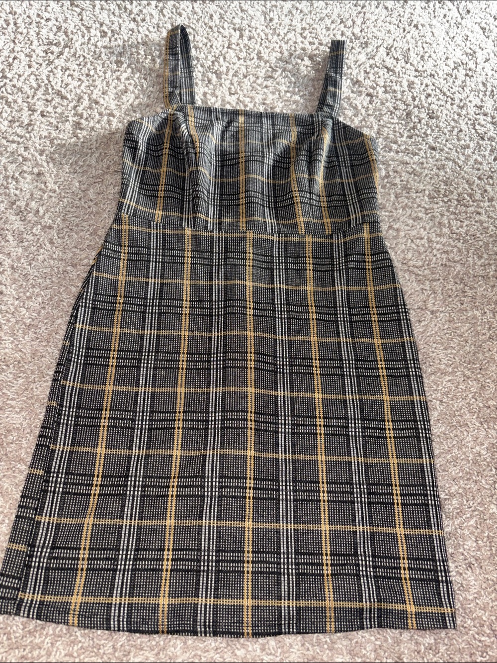 Plaid Square-Neck Sleeveless Dress in Black and Yellow